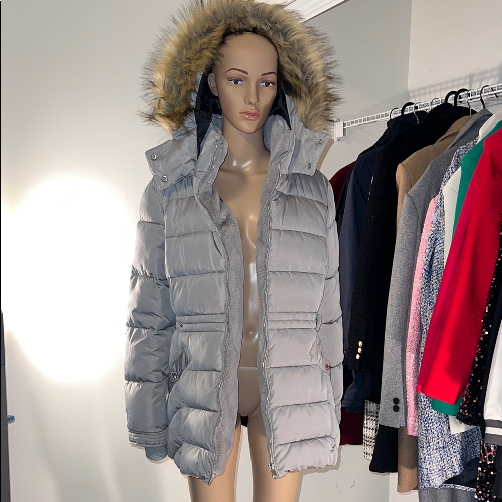 Primark Silver Puffer Coat with Faux Fur Trim